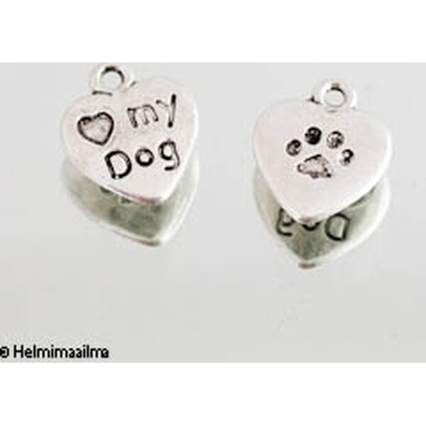 Riipus tiibetinhopeinen sydän "My Dog" n. 13x10 mm, 4 kpl