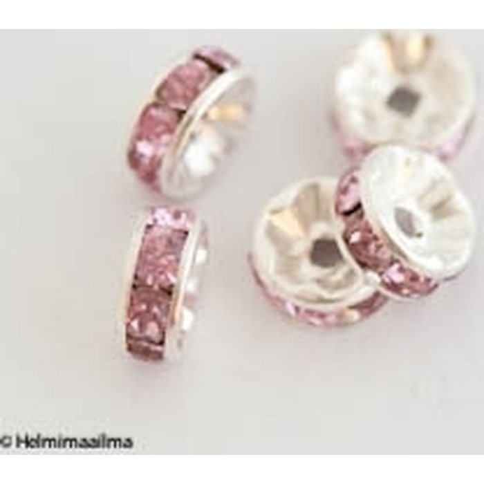 Metallihelmi kristallistrassirondelli 8 mm, vaaleanpunaiset strassit, 1 kpl