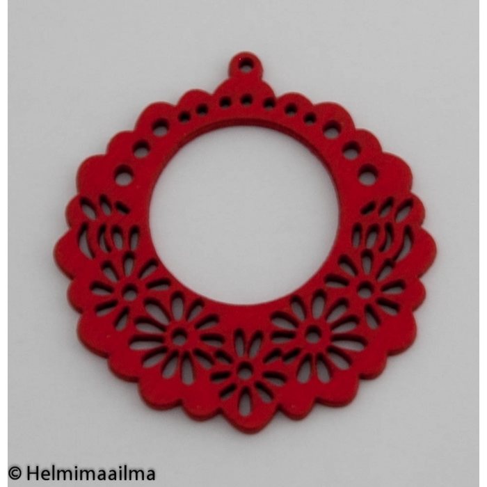 Riipus puinen kukkakuvioinen pyöreä punainen 50 mm, 2 kpl