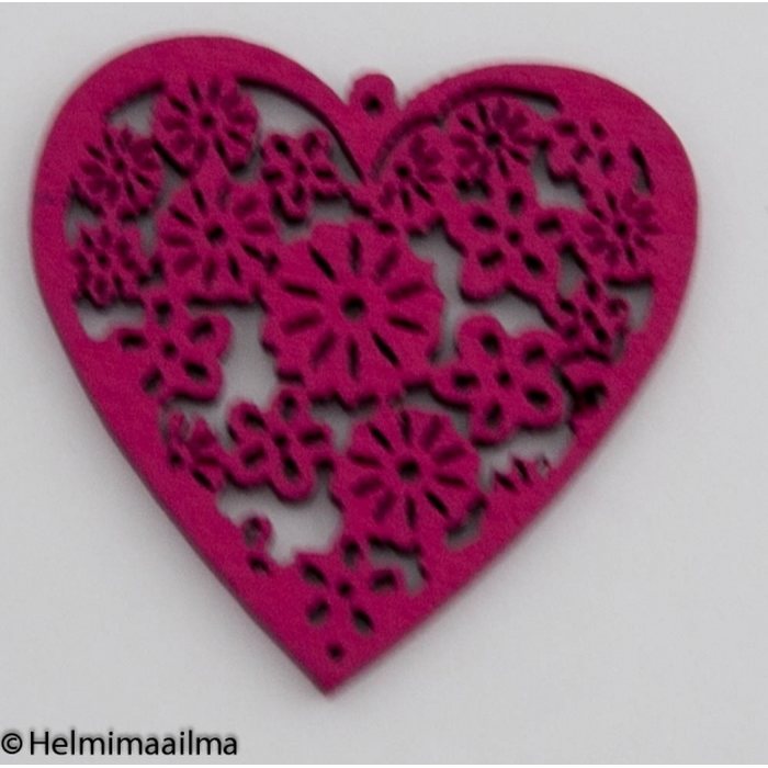 Riipus puinen sydän kukkafiligreekuvioilla fuksianpunainen 40 mm, 2 kpl