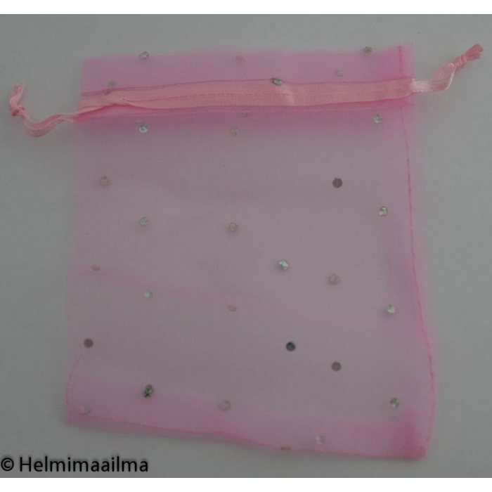 Organzapussi vaaleanpunainen hopeanvärisillä paljeteilla 7 X 9 cm, 1 kpl