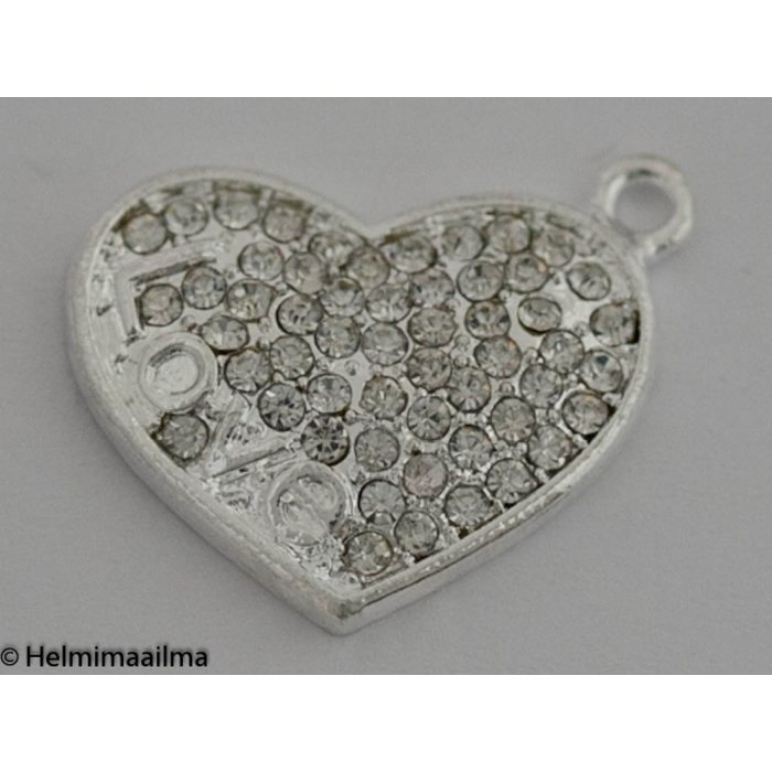 Riipus sydän 24 x 21 mm kirkkailla kristalleilla, teksti"LOVE" hopeanvärinen, 1 kpl