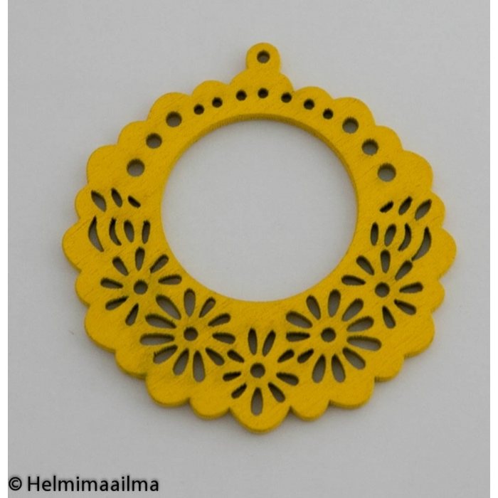 Riipus puinen kukkakuvioinen pyöreä keltainen 50 mm, 2 kpl