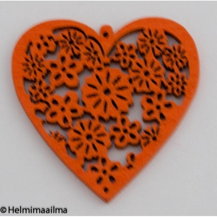 Riipus puinen sydän kukkafiligreekuvioilla oranssi 40 mm, 1 kpl