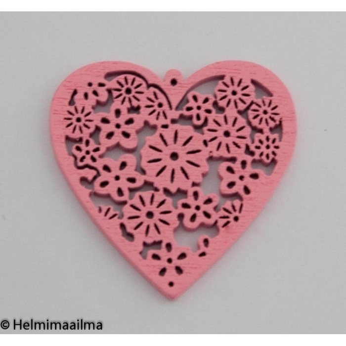 Riipus puinen sydän kukkafiligreekuvioilla vaaleanpunainen 40 mm, 2 kpl