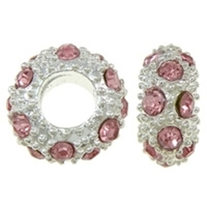 Pandora metallihelmi hopeanvärinen vaaleanpunaisilla kristalleilla 11 x 5 mm, 1 kpl