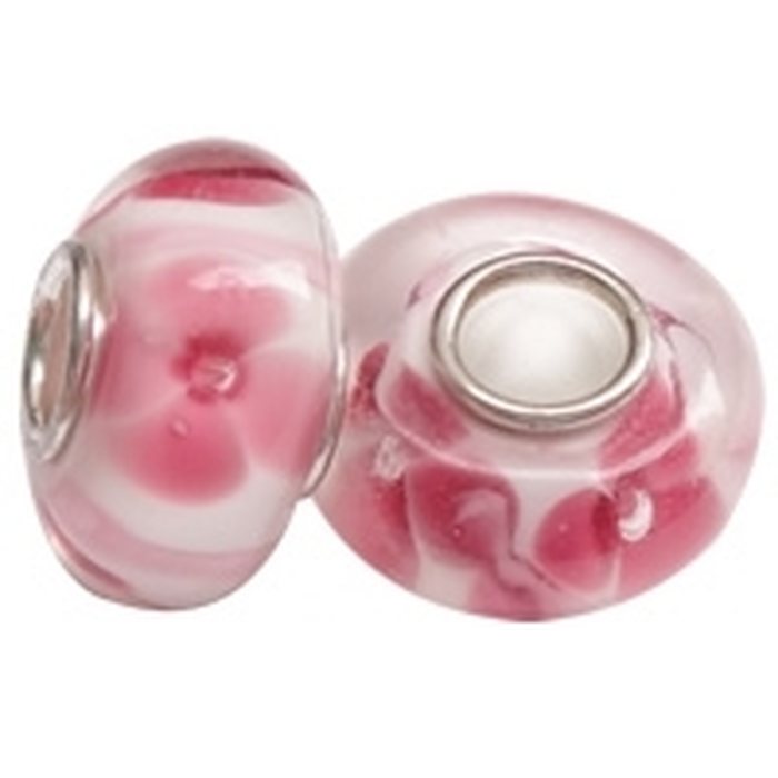 Pandora lamppuhelmi valkoinen vaaleanpunaisilla kukilla 13 x 7 mm, 1 kpl