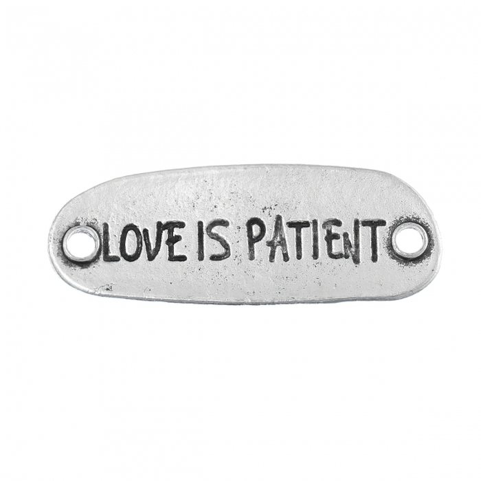 Korulinkki "LOVE IS PATIENT" 39 x 14 mm antiikkihopea, 2 kpl