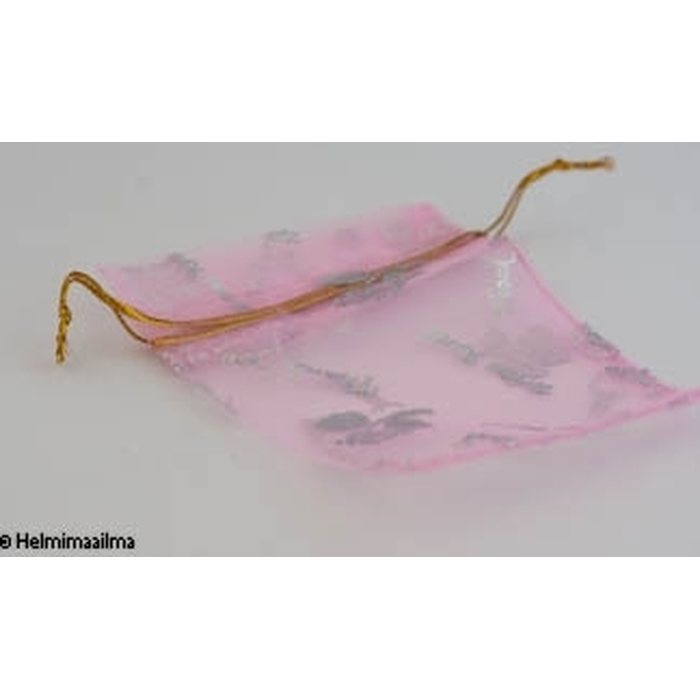 Organzapussi vaaleanpunainen hopea ruusukuvio, 7cmx9cm, 1kpl